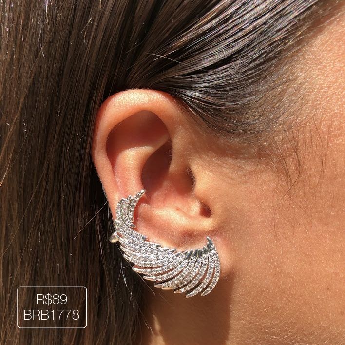 Ear Cuff Asa Max Cravejado Cristal Prateado